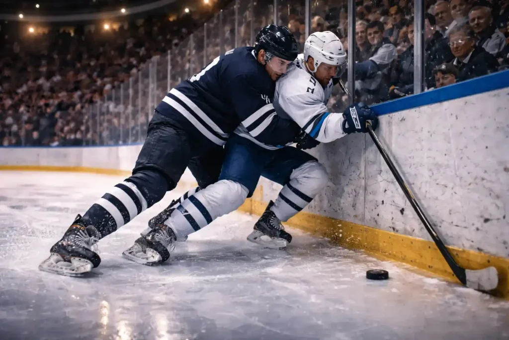 Eishockeyspieler im Zweikampf an der Bande während eines DEL-Spiels