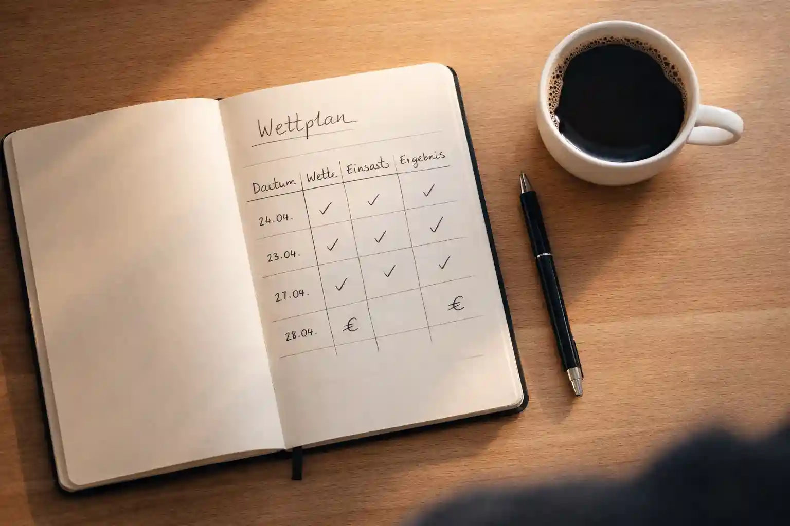 Notizbuch mit handschriftlichem Wettplan und einem Stift auf einem Schreibtisch