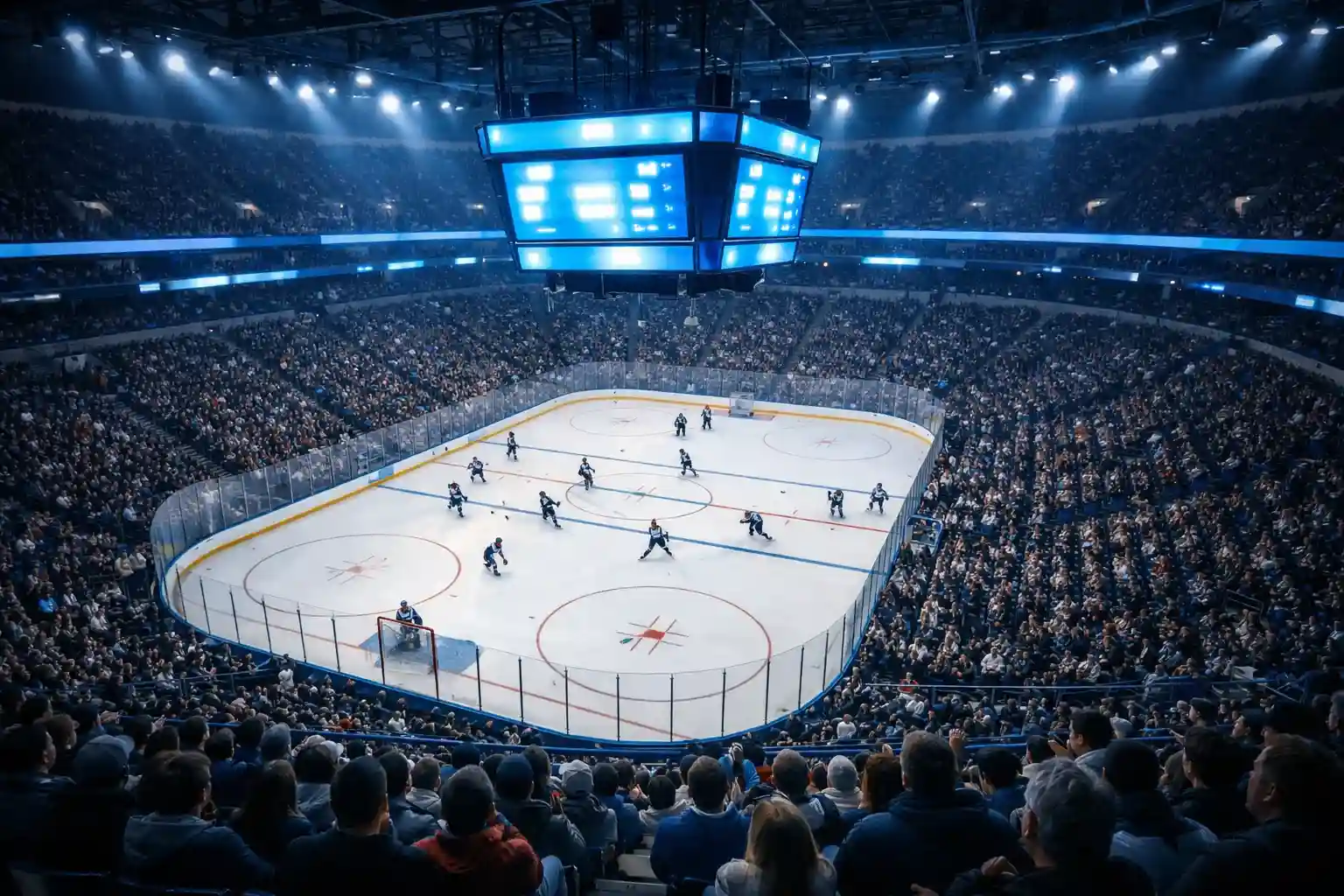 Eishockey-Arena während eines Spiels mit leuchtender Anzeigetafel und Zuschauern