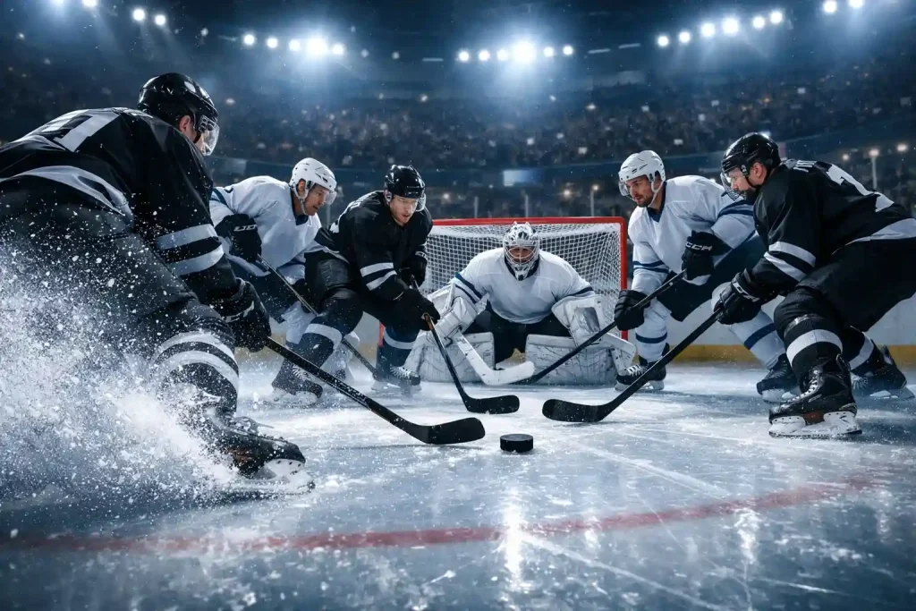 Eishockeyspieler im Powerplay vor dem gegnerischen Tor während eines Spiels