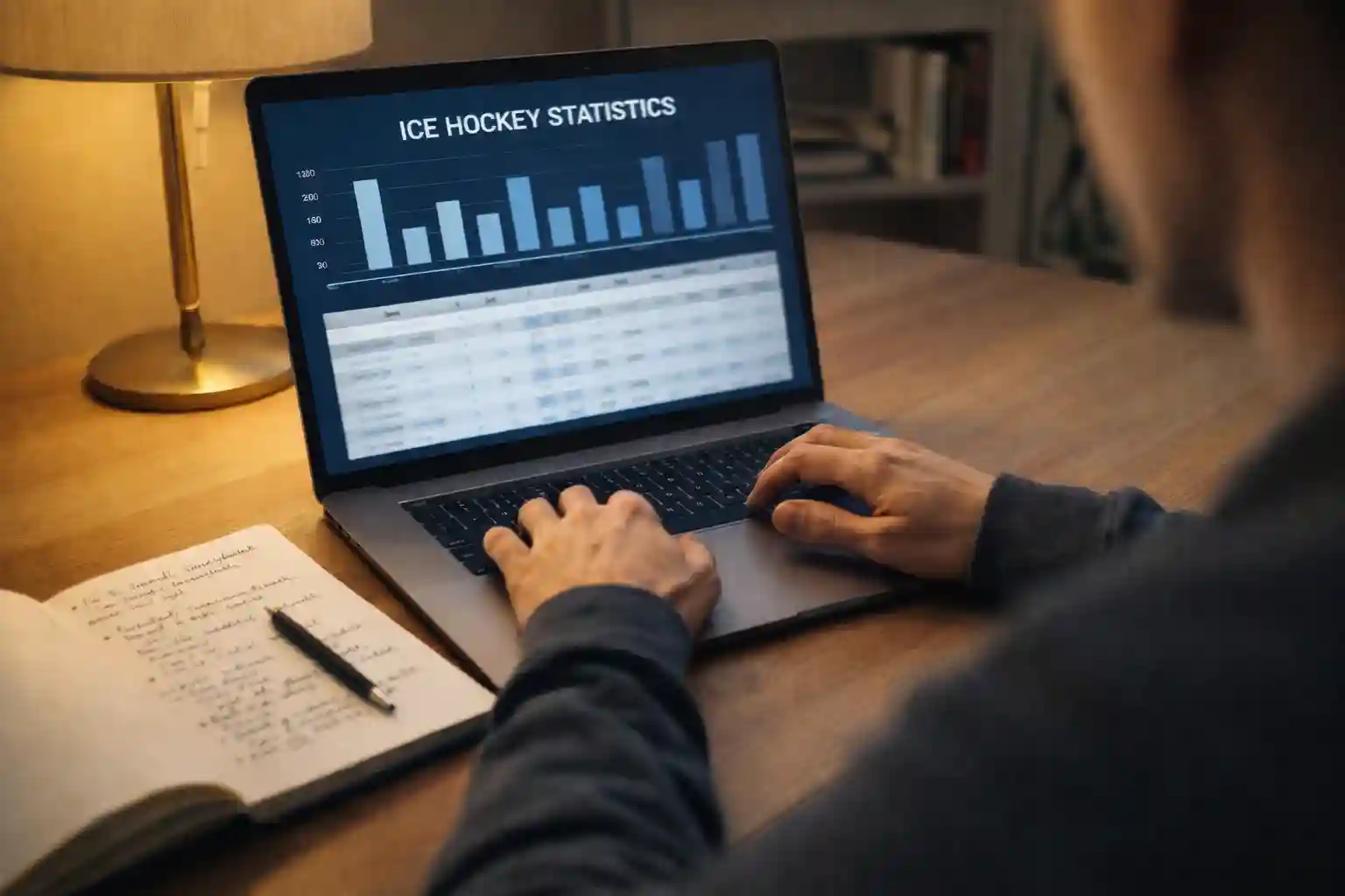 Person analysiert Eishockeystatistiken auf einem Laptop mit Notizblock