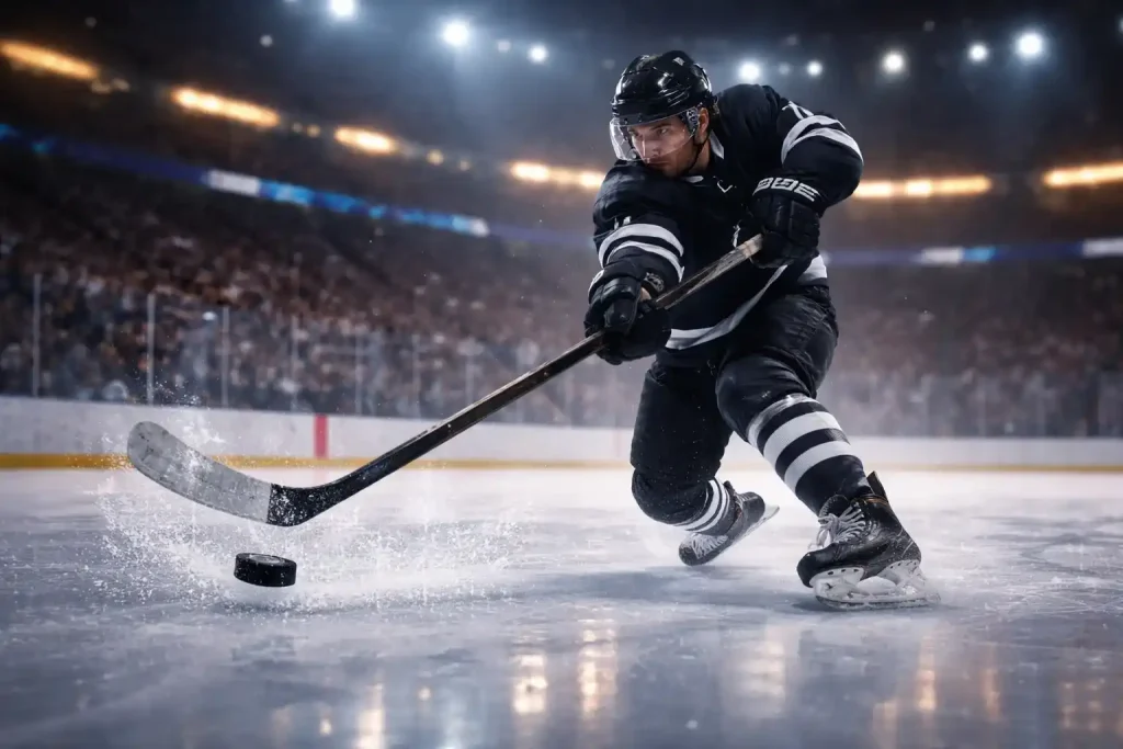 Eishockeyspieler beim Schuss auf das Tor in einer beleuchteten Arena