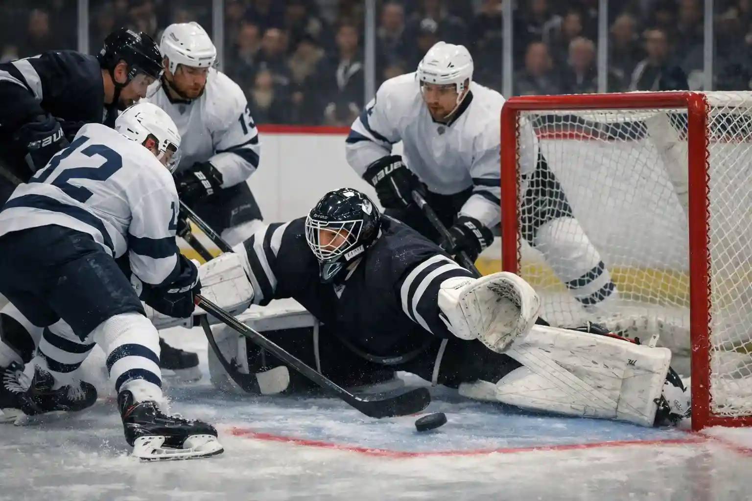 Eishockey-Spielszene mit zwei Mannschaften im Zweikampf vor dem Tor
