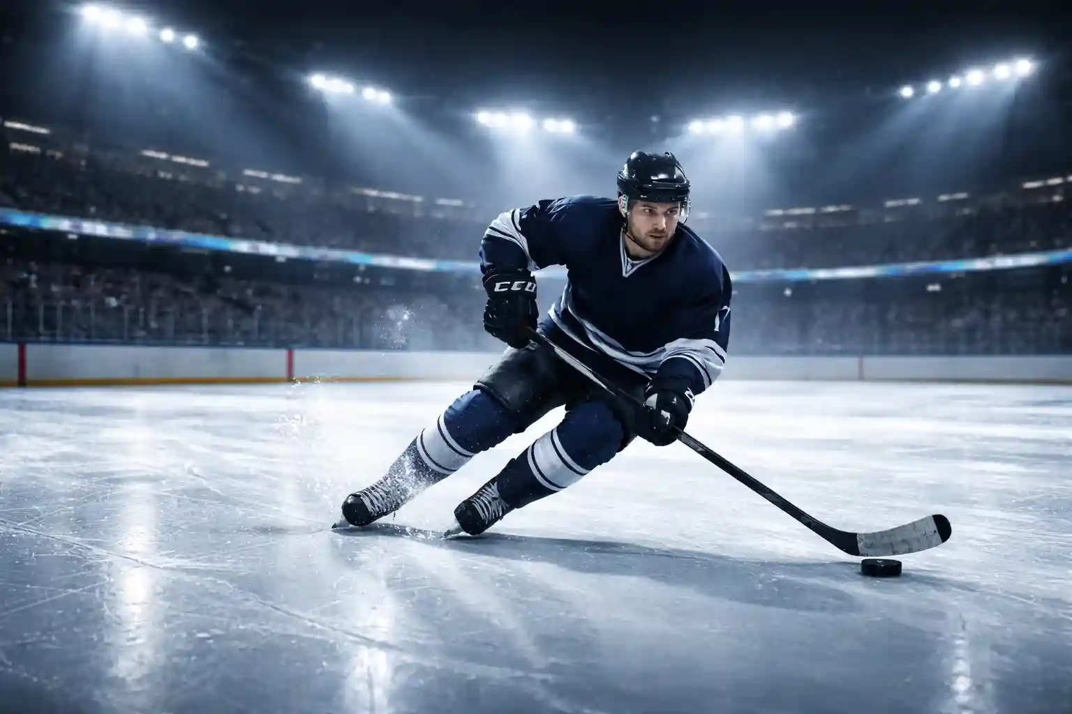 Eishockeyspieler auf dem Eis unter Flutlicht in einer Arena