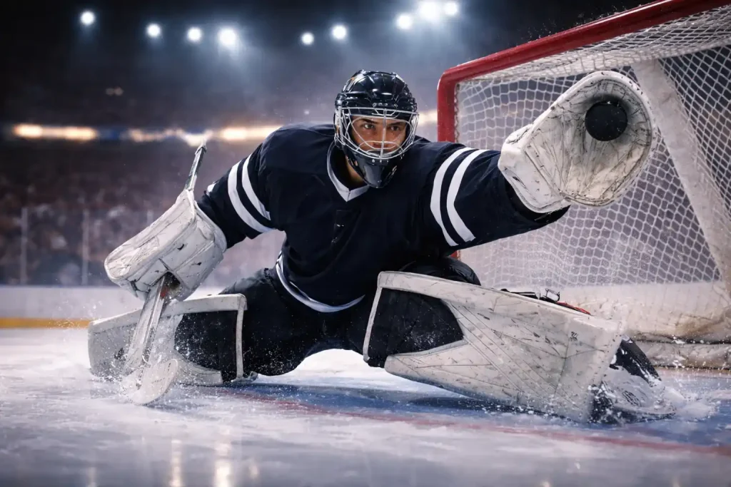 Eishockey-Torhüter in Aktion vor dem Tor während eines Spiels