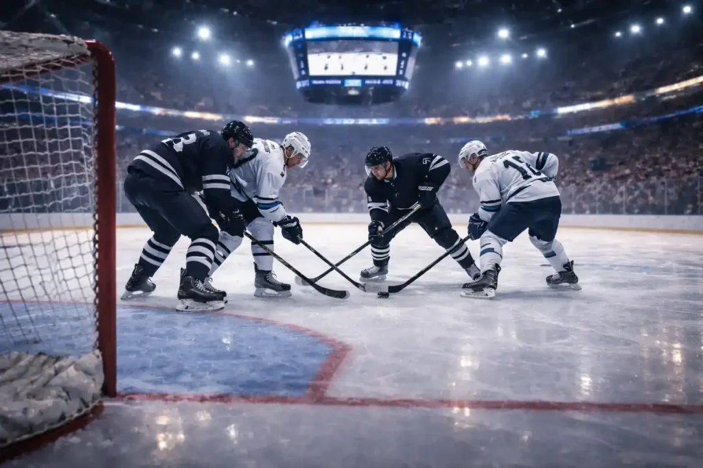 NHL-Eishockeyspiel in einer voll besetzten Arena mit Spielern auf dem Eis